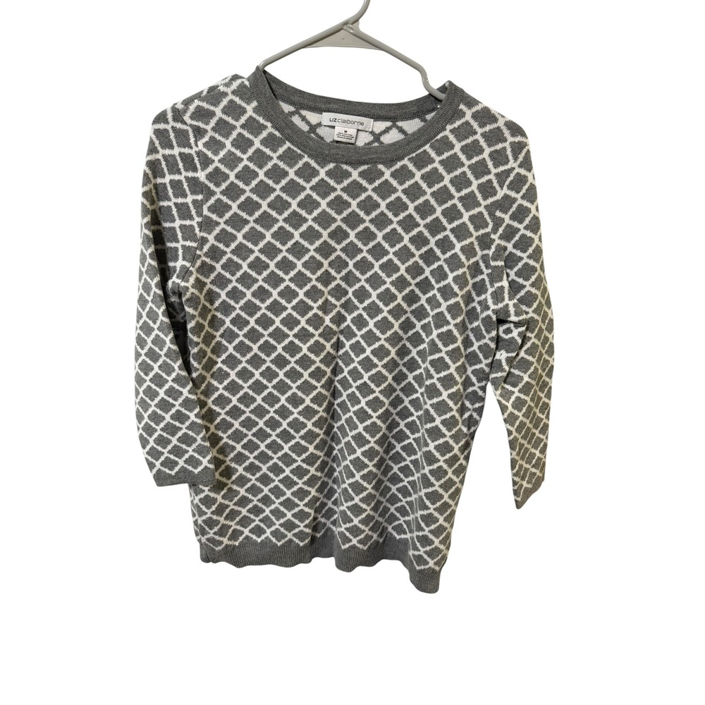 Liz Claiborne‎ Medium Grey White Diamond Trellis 3/4 Sleeve Pullover Sweater